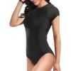 imageHolipick Womens One Piece Short Sleeve Rash Guard Surfing Modest Swimsuit Zipper Front Bathing Suit with Built in BraBlack