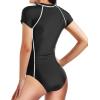 imageHolipick Womens One Piece Short Sleeve Rash Guard Surfing Modest Swimsuit Zipper Front Bathing Suit with Built in BraBlack and White