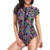 imageHolipick Womens One Piece Short Sleeve Rash Guard Surfing Modest Swimsuit Zipper Front Bathing Suit with Built in BraColorful Paisley