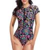 imageHolipick Womens One Piece Short Sleeve Rash Guard Surfing Modest Swimsuit Zipper Front Bathing Suit with Built in BraColorful Paisley