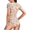 imageHolipick Womens One Piece Short Sleeve Rash Guard Surfing Modest Swimsuit Zipper Front Bathing Suit with Built in BraOrange Flower