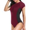 imageHolipick Womens One Piece Short Sleeve Rash Guard Surfing Modest Swimsuit Zipper Front Bathing Suit with Built in BraPurple Red