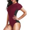 imageHolipick Womens One Piece Short Sleeve Rash Guard Surfing Modest Swimsuit Zipper Front Bathing Suit with Built in BraPurple Red