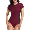imageHolipick Womens One Piece Short Sleeve Rash Guard Surfing Modest Swimsuit Zipper Front Bathing Suit with Built in BraPurple Red