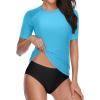 imageHolipick Two Piece Women Short Sleeve Rash Guard Swimsuit UPF50 Swim Shirt Bathing Suit with Bikini Bottom for Teen GirlsAqua Blue