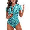 imageHolipick Womens One Piece Short Sleeve Rash Guard Surfing Modest Swimsuit Zipper Front Bathing Suit with Built in BraGreen Paisley