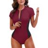 imageHolipick Womens One Piece Short Sleeve Rash Guard Surfing Modest Swimsuit Zipper Front Bathing Suit with Built in BraPurple Red
