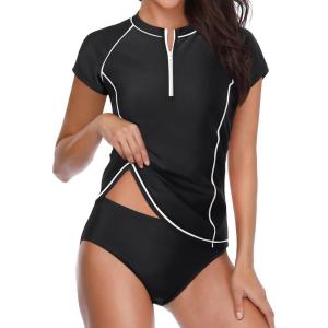 imageHolipick 2 Piece Short Sleeve Rash Guard Women Zip Up Swimsuits SPF Swim Shirts with Built in BraBlack
