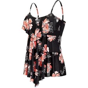 imageHolipick Black Floral Women Tankini Tops Ruffle Swim Tops Flowy Bathing Suit Top Tummy Control Swimsuits Top No Bottom S