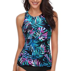 imageHolipick High Neck Tankini Top Bathing Suit Tops for Women Tummy Control Tank Tops SwimsuitsBlack Colorful Leaves