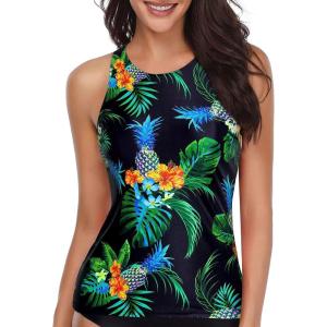 imageHolipick High Neck Tankini Top Bathing Suit Tops for Women Tummy Control Tank Tops SwimsuitsBlack Pineapple