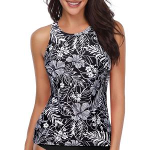 imageHolipick High Neck Tankini Top Bathing Suit Tops for Women Tummy Control Tank Tops SwimsuitsBlack With White Flower