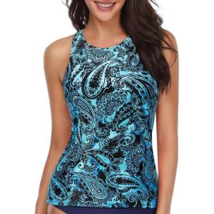 imageHolipick High Neck Tankini Top Bathing Suit Tops for Women Tummy Control Tank Tops SwimsuitsBlue Black Paisley