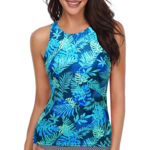imageHolipick High Neck Tankini Top Bathing Suit Tops for Women Tummy Control Tank Tops SwimsuitsBlue Colorful Leaves