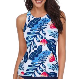 imageHolipick High Neck Tankini Top Bathing Suit Tops for Women Tummy Control Tank Tops SwimsuitsWhite Blue Floral