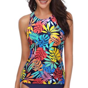 imageHolipick High Neck Tankini Top Bathing Suit Tops for Women Tummy Control Tank Tops SwimsuitsYellow Colorful Leaves