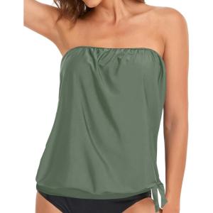 imageHolipick Strapless Tankini Tops for Women Swimwear Top ONLY Bandeau Bathing Suit Blouson Swimsuit No BottomArmy Green