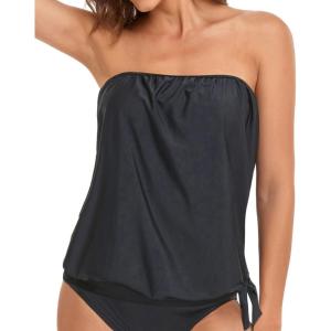 imageHolipick Strapless Tankini Tops for Women Swimwear Top ONLY Bandeau Bathing Suit Blouson Swimsuit No BottomBlack