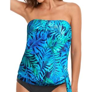 imageHolipick Strapless Tankini Tops for Women Swimwear Top ONLY Bandeau Bathing Suit Blouson Swimsuit No BottomBlue Leaves