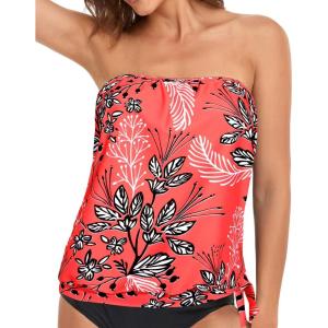 imageHolipick Strapless Tankini Tops for Women Swimwear Top ONLY Bandeau Bathing Suit Blouson Swimsuit No BottomRed  Leaf