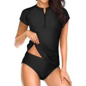 imageHolipick Two Piece Short Sleeved Rash Guard Cap Sleeve Bathing Suit Zipper Swimsuit Bulid in Bra Swim Shirt WomenWhole Black
