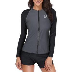 imageHolipick Women 2 Piece Long Sleeve Rash Guard Swimsuit Sun Protection Bathing Suit Zip up Swim Shirt with ShortsBlack Grey