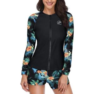 imageHolipick Women 2 Piece Long Sleeve Rash Guard Swimsuit Sun Protection Bathing Suit Zip up Swim Shirt with ShortsBlack Pineapple