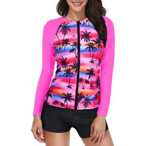 imageHolipick Women 2 Piece Long Sleeve Rash Guard Swimsuit Sun Protection Bathing Suit Zip up Swim Shirt with ShortsPink Coconut Tree