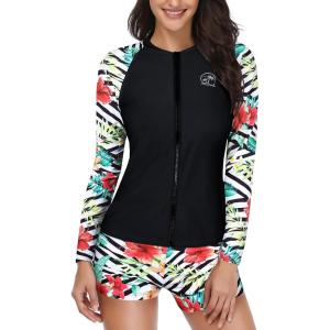 imageHolipick Women 2 Piece Long Sleeve Rash Guard Swimsuit Sun Protection Bathing Suit Zip up Swim Shirt with ShortsRed Floral