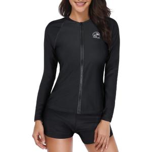 imageHolipick Women 2 Piece Long Sleeve Rash Guard Swimsuit Sun Protection Bathing Suit Zip up Swim Shirt with ShortsSolid Black