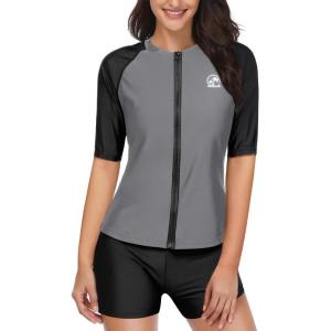 imageHolipick Women 2 Piece Rash Guard Short Sleeve Swimsuit with Shorts Full Zipper SPF Swim ShirtsGrey and Black