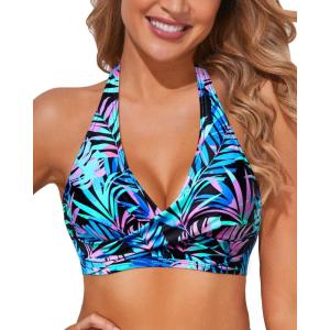 imageHolipick Women Halter Bikini Tops Push Up Bathing Suit Top V Neck Full Coverage Swimsuit Top OnlyBlack Colorful Leaves