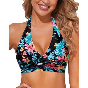 imageHolipick Women Halter Bikini Tops Push Up Bathing Suit Top V Neck Full Coverage Swimsuit Top OnlyBlack Floral