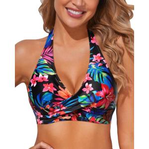 imageHolipick Women Halter Bikini Tops Push Up Bathing Suit Top V Neck Full Coverage Swimsuit Top OnlyBlack Red Floral