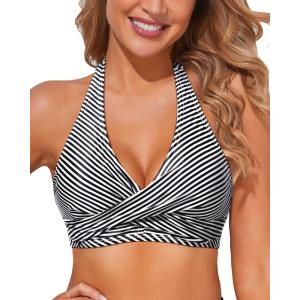 imageHolipick Women Halter Bikini Tops Push Up Bathing Suit Top V Neck Full Coverage Swimsuit Top OnlyBlack Stripe