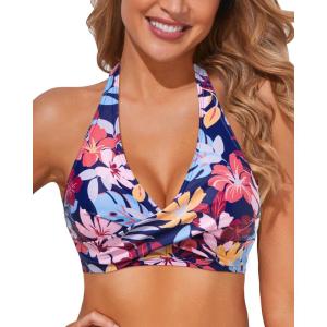 imageHolipick Women Halter Bikini Tops Push Up Bathing Suit Top V Neck Full Coverage Swimsuit Top OnlyColorful Leaves