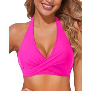 imageHolipick Women Halter Bikini Tops Push Up Bathing Suit Top V Neck Full Coverage Swimsuit Top OnlyHot Pink