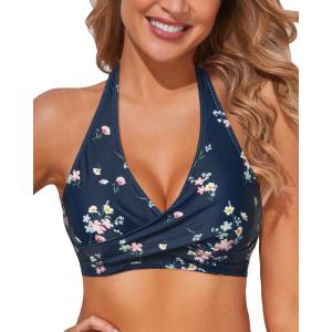 imageHolipick Women Halter Bikini Tops Push Up Bathing Suit Top V Neck Full Coverage Swimsuit Top OnlyNavy Floral