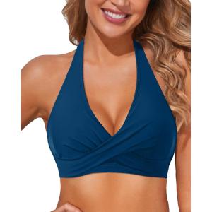 imageHolipick Women Halter Bikini Tops Push Up Bathing Suit Top V Neck Full Coverage Swimsuit Top OnlyPeacock Blue