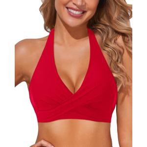 imageHolipick Women Halter Bikini Tops Push Up Bathing Suit Top V Neck Full Coverage Swimsuit Top OnlyRed