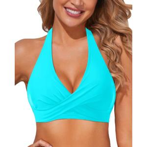 imageHolipick Women Halter Bikini Tops Push Up Bathing Suit Top V Neck Full Coverage Swimsuit Top OnlyTeal