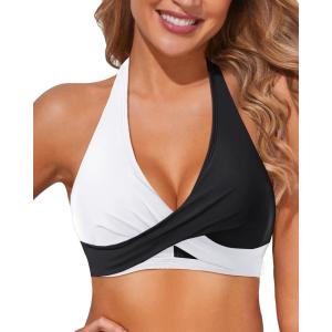 imageHolipick Women Halter Bikini Tops Push Up Bathing Suit Top V Neck Full Coverage Swimsuit Top OnlyWhite and Black