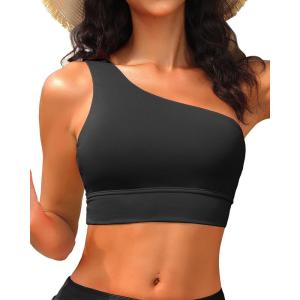 imageHolipick Women One Shoulder Bikini Tops Only Bathing Suit Top Sports Bra Swim Tops Longline Crop Top for Teen GirlsBlack