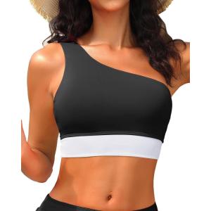 imageHolipick Women One Shoulder Bikini Tops Only Bathing Suit Top Sports Bra Swim Tops Longline Crop Top for Teen GirlsBlack White
