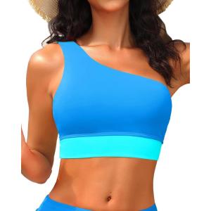 imageHolipick Women One Shoulder Bikini Tops Only Bathing Suit Top Sports Bra Swim Tops Longline Crop Top for Teen GirlsBlue Green