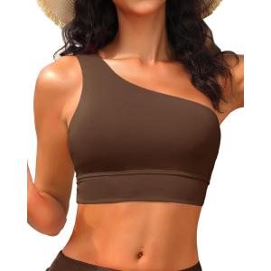 imageHolipick Women One Shoulder Bikini Tops Only Bathing Suit Top Sports Bra Swim Tops Longline Crop Top for Teen GirlsBrown