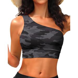 imageHolipick Women One Shoulder Bikini Tops Only Bathing Suit Top Sports Bra Swim Tops Longline Crop Top for Teen GirlsCamo