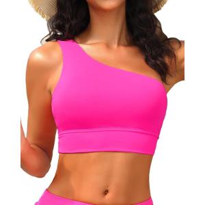 imageHolipick Women One Shoulder Bikini Tops Only Bathing Suit Top Sports Bra Swim Tops Longline Crop Top for Teen GirlsHot Pink