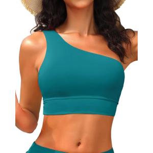 imageHolipick Women One Shoulder Bikini Tops Only Bathing Suit Top Sports Bra Swim Tops Longline Crop Top for Teen GirlsTeal 1