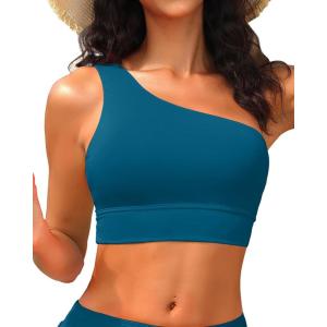 imageHolipick Women One Shoulder Bikini Tops Only Bathing Suit Top Sports Bra Swim Tops Longline Crop Top for Teen GirlsTeal